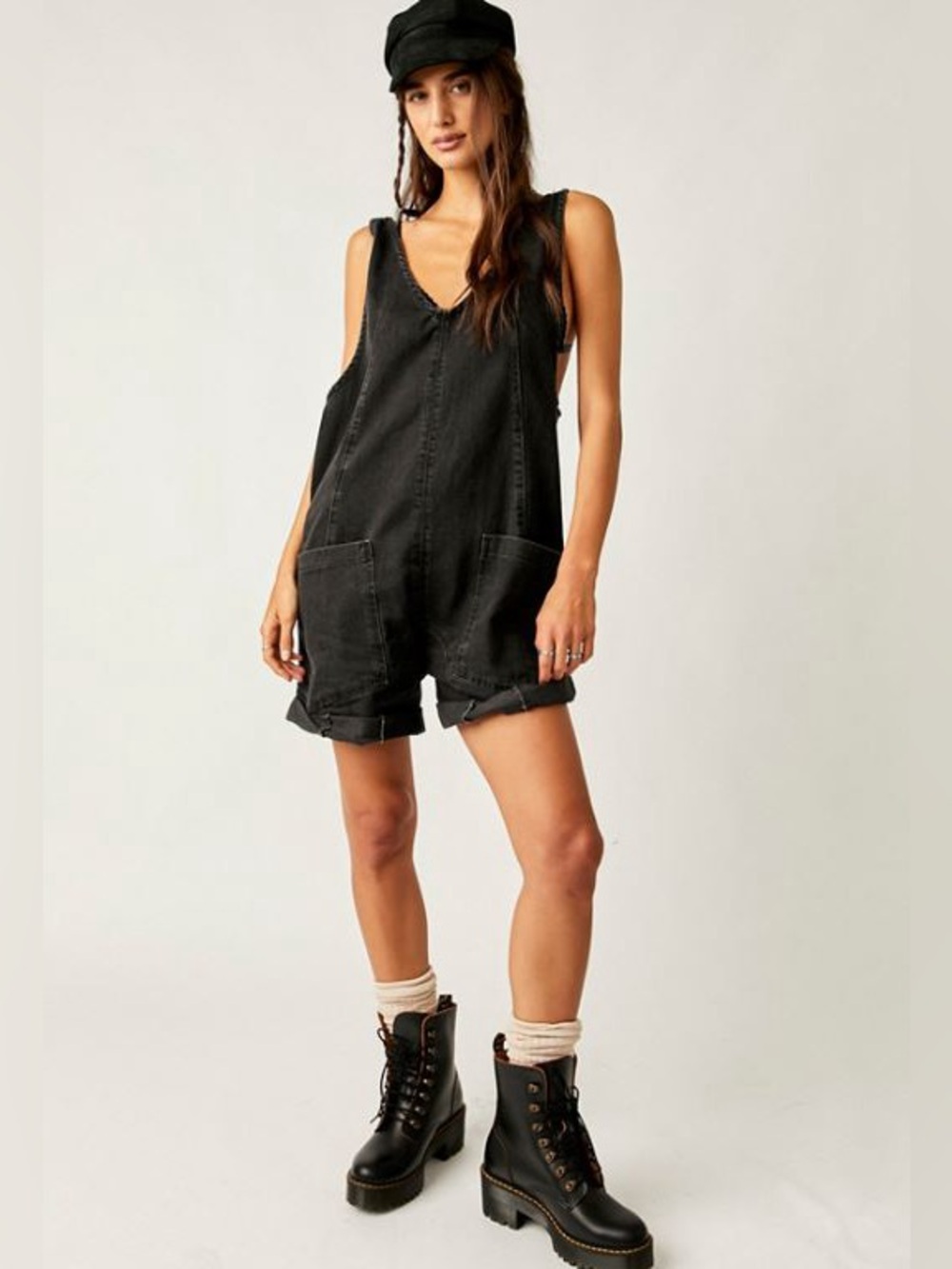 Free People Black Denim High Roller Shortall